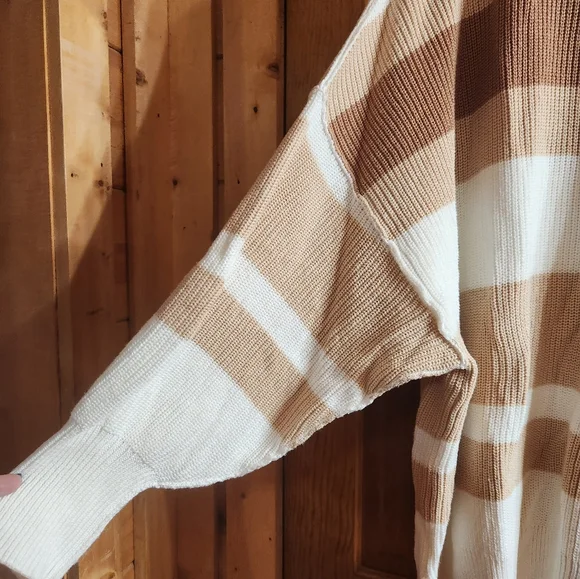 Striped Tan and Cream Women's Sweater - Picture 3 of 8